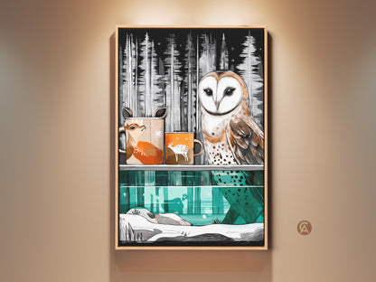 Woodland canvas print showcases barn owl and deer art. Scandinavian nature wall decor adds winter forest animal art. Teal and brown tones create a cozy gift idea. Perfect animal lover gift art.