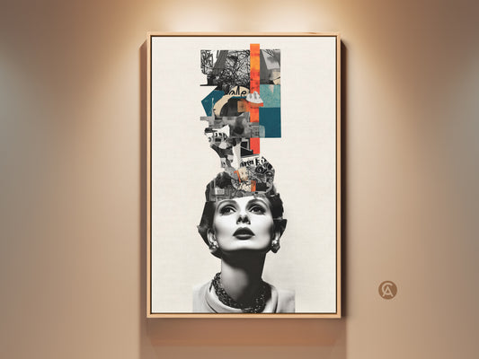 Vintage woman portrait art in a modern frame. It features an abstract collage in black white orange and teal. A unique artwork to enhance your eclectic home decor.