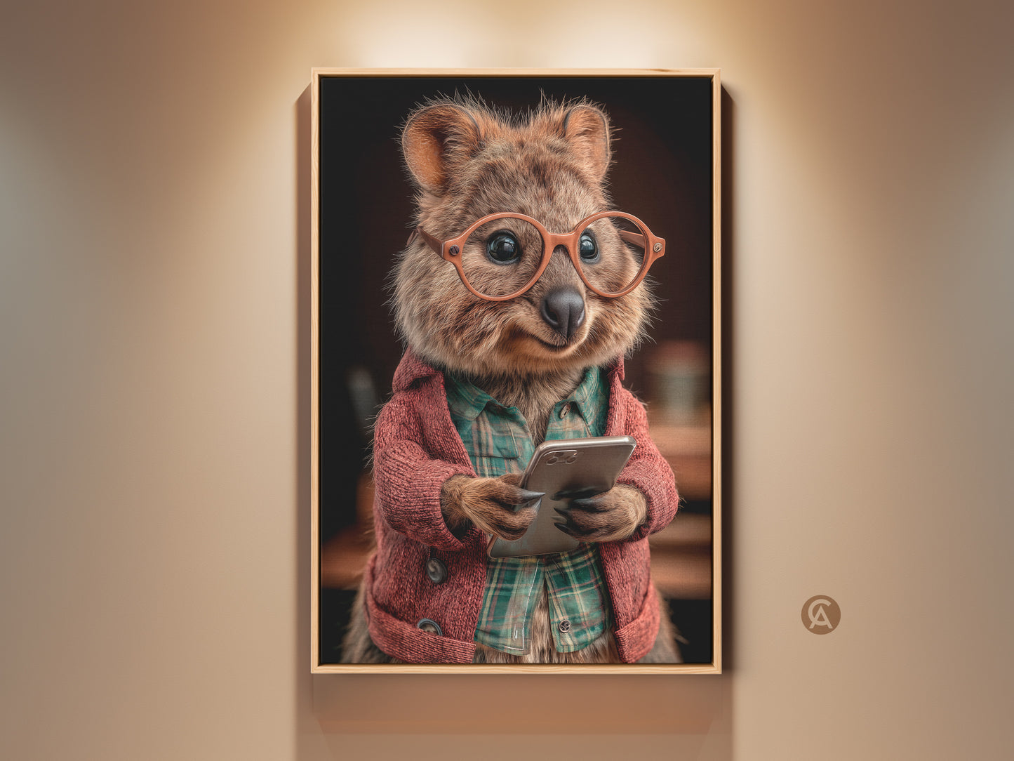 Framed digital Quokka art print. A funny animal with glasses and a phone. Eclectic wall decor for animal lovers. Orange red and brown art for a study room. It adds personality to any living room or office space.