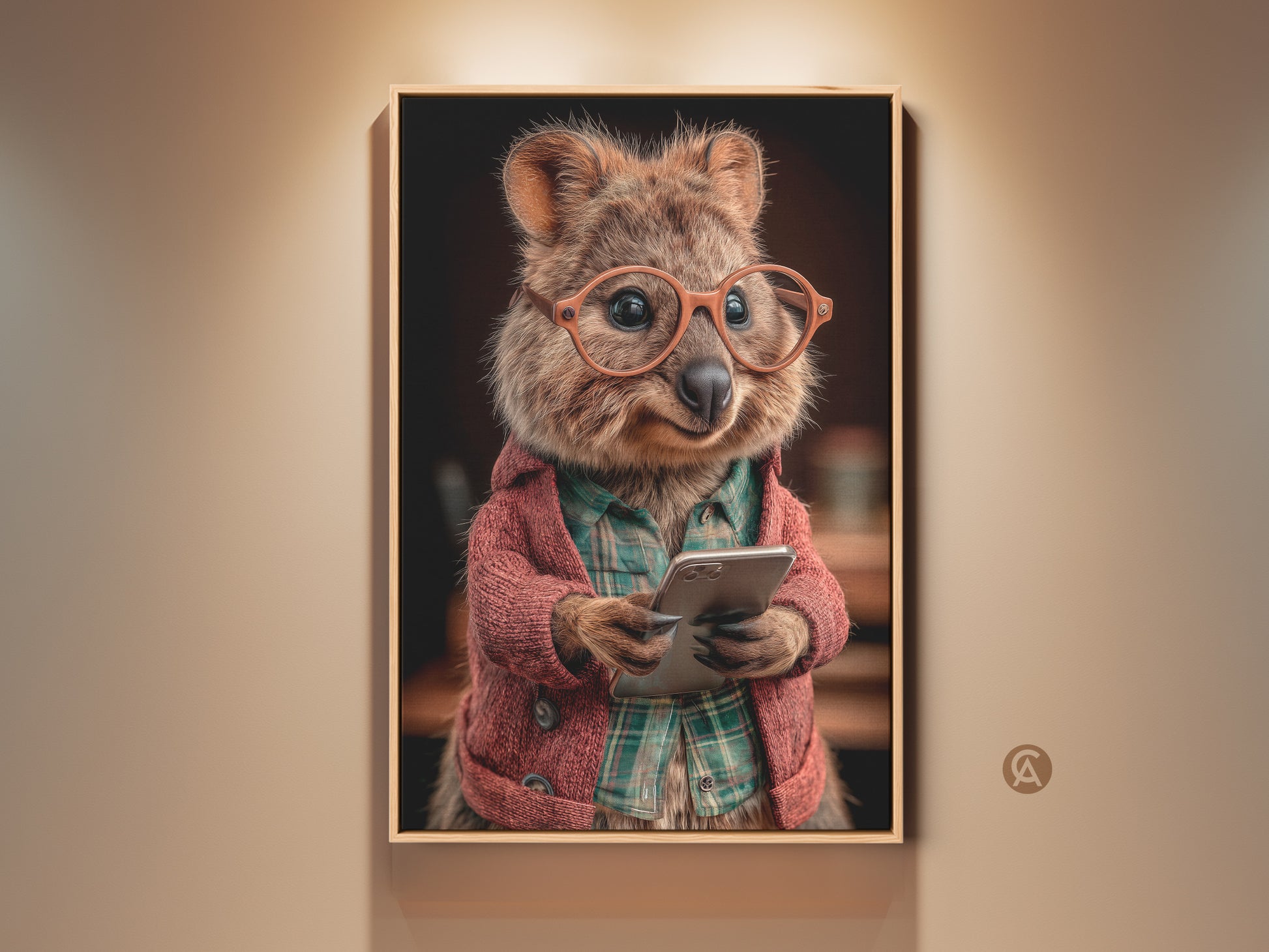 Framed digital Quokka art print. A funny animal with glasses and a phone. Eclectic wall decor for animal lovers. Orange red and brown art for a study room. It adds personality to any living room or office space.