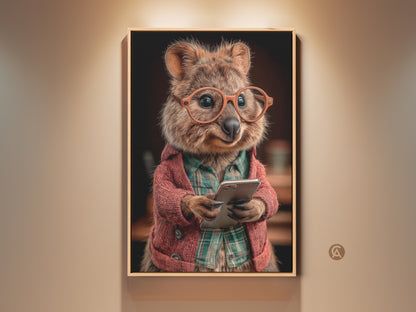 Framed digital Quokka art print. A funny animal with glasses and a phone. Eclectic wall decor for animal lovers. Orange red and brown art for a study room. It adds personality to any living room or office space.