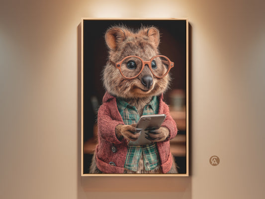 Framed digital Quokka art print. A funny animal with glasses and a phone. Eclectic wall decor for animal lovers. Orange red and brown art for a study room. It adds personality to any living room or office space.