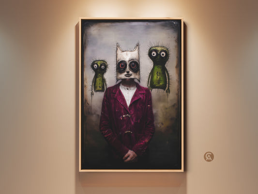 A striking dark art print displays a surreal character. It features a gothic mask. Two unsettling creatures flank the character. The burgundy and green color palette suits eclectic home decor. It is a unique gift for dark humor fans. This artwork is sure to spark conversation.