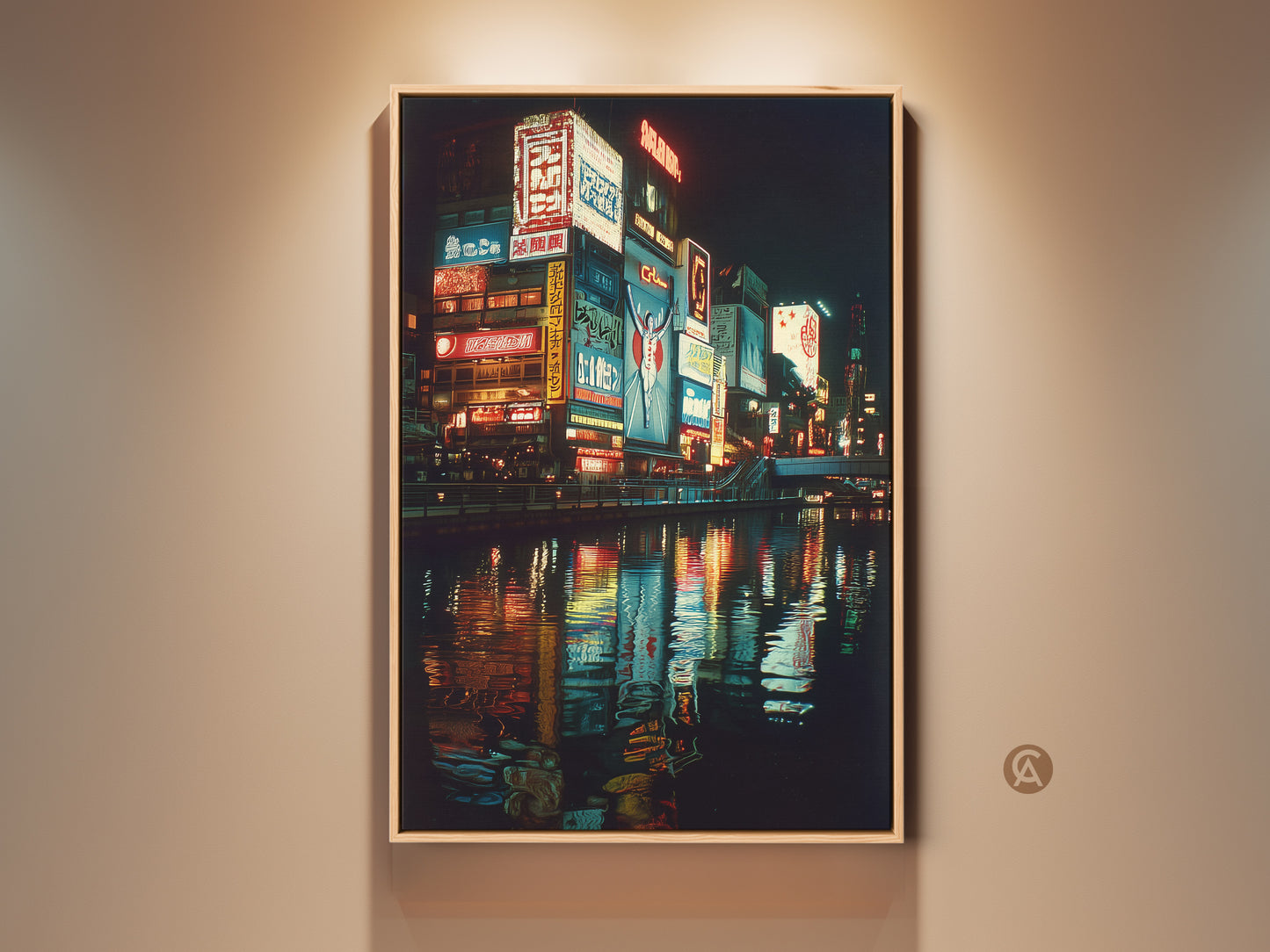 Stunning Osaka neon art print displayed in a natural wood frame. This urban Japan nightlife canvas art brings vibrant colors to any wall. Perfect gift for travel lovers. The red blue and yellow artwork adds a modern touch to home decor. The cityscape photography captures Osaka's electrifying energy.