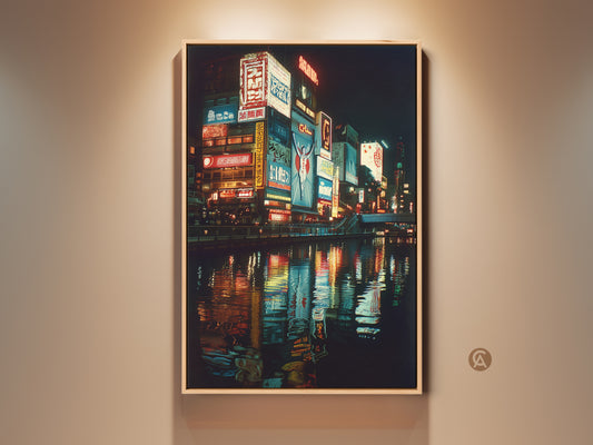 Stunning Osaka neon art print displayed in a natural wood frame. This urban Japan nightlife canvas art brings vibrant colors to any wall. Perfect gift for travel lovers. The red blue and yellow artwork adds a modern touch to home decor. The cityscape photography captures Osaka's electrifying energy.