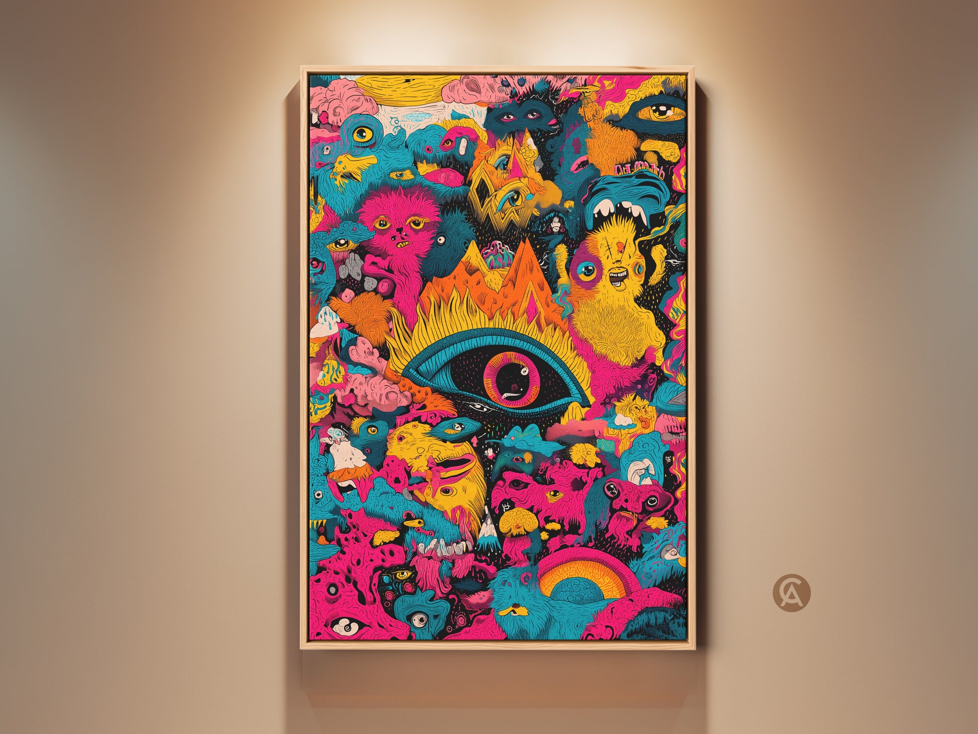 Framed psychedelic monster artwork. A vibrant framed piece featuring a central eye with bizarre creatures. This eye-catching artwork adds a unique touch to any space. The wooden frame enhances the piece's aesthetic appeal. Perfect for art lovers seeking unique decor.