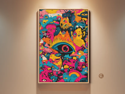 Framed psychedelic monster artwork. A vibrant framed piece featuring a central eye with bizarre creatures. This eye-catching artwork adds a unique touch to any space. The wooden frame enhances the piece's aesthetic appeal. Perfect for art lovers seeking unique decor.