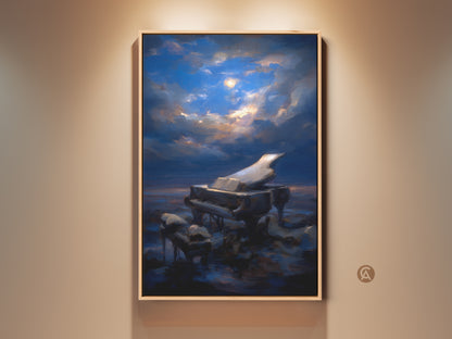 Surreal grand piano canvas art displayed in a well-lit room. This moonlit night sky music wall decor features deep blue and gold accents. It's an eclectic art piece perfect as a gift for a pianist. The wall color complements the artwork's serene ambiance. This canvas enhances any music lover's home.