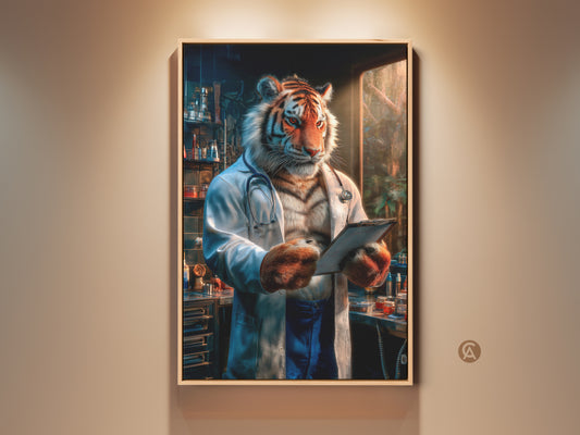 Framed artwork of a tiger doctor in a lab. The tiger is wearing a white coat and stethoscope. He is holding a clipboard. View the unique animal art on canvas. Perfect for doctors offices
