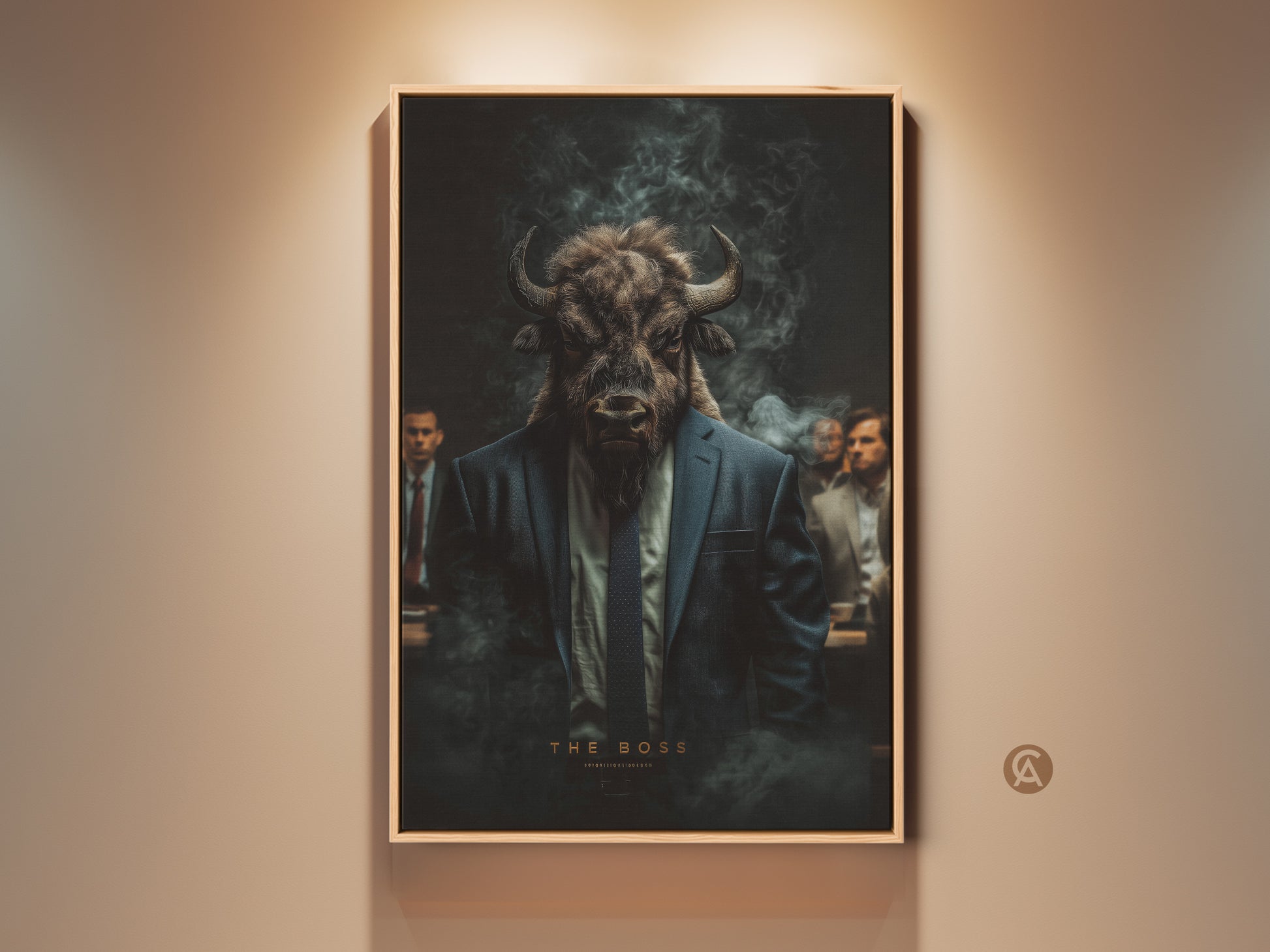 Framed artwork of a bull-headed man in a suit. He is the boss. This fine art print features a gallery wall and adds sophistication. Perfect for office or home decor. A symbol of power and authority.