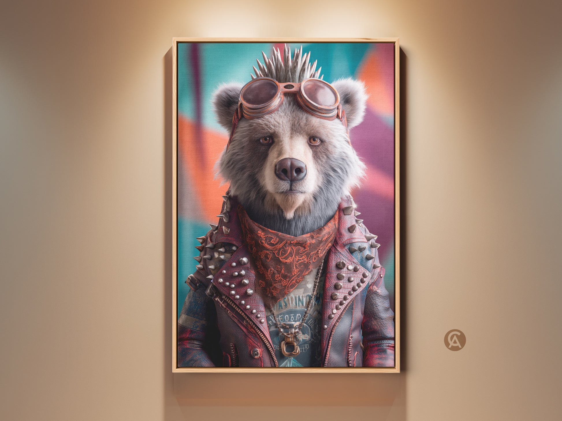 Framed punk bear artwork in a man cave setting. This music lover gift features a bear in a biker jacket and goggles. Red blue and teal canvas add an eclectic touch. This wall art is a unique animal portrait and edgy home decor. Cool rock and roll canvas print for alternative wall hanging.