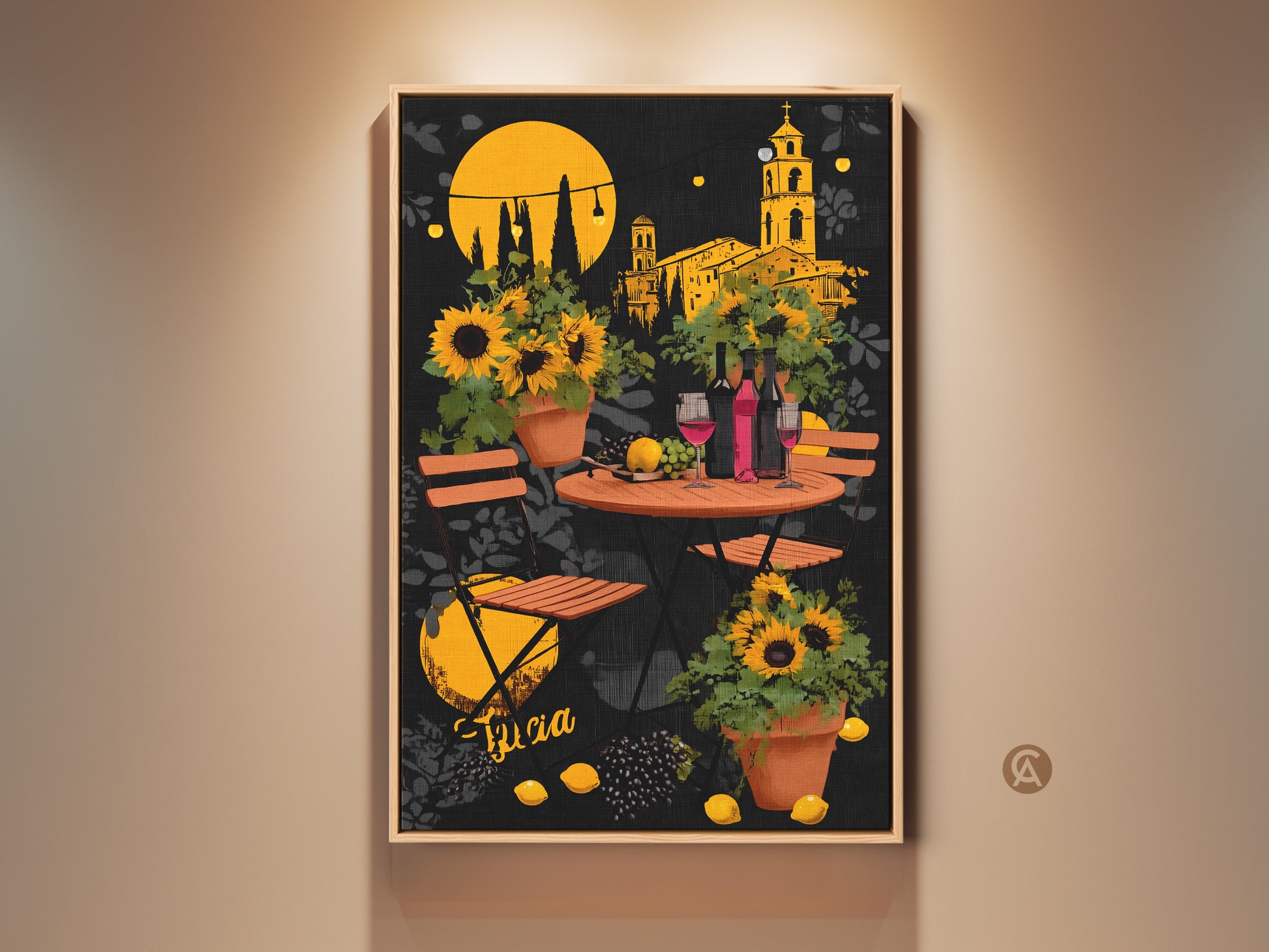 Charming Italian cafe scene artwork featuring sunflowers and wine bottles. The orange and yellow palette brings a warm eclectic feel. This modern folk art is perfect for dining rooms or kitchens. A delightful housewarming gift for wine lovers it adds Mediterranean charm to your walls.