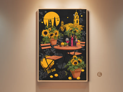 Charming Italian cafe scene artwork featuring sunflowers and wine bottles. The orange and yellow palette brings a warm eclectic feel. This modern folk art is perfect for dining rooms or kitchens. A delightful housewarming gift for wine lovers it adds Mediterranean charm to your walls.