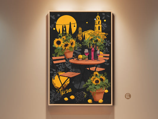 Charming Italian cafe scene artwork featuring sunflowers and wine bottles. The orange and yellow palette brings a warm eclectic feel. This modern folk art is perfect for dining rooms or kitchens. A delightful housewarming gift for wine lovers it adds Mediterranean charm to your walls.