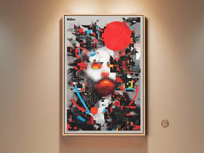 Framed abstract man portrait canvas print. This glitch art wall decor features a deconstructivist style. The geometric man face artwork has red blue and black accents. A modern office wall decor piece. A unique digital art gift for art enthusiasts.