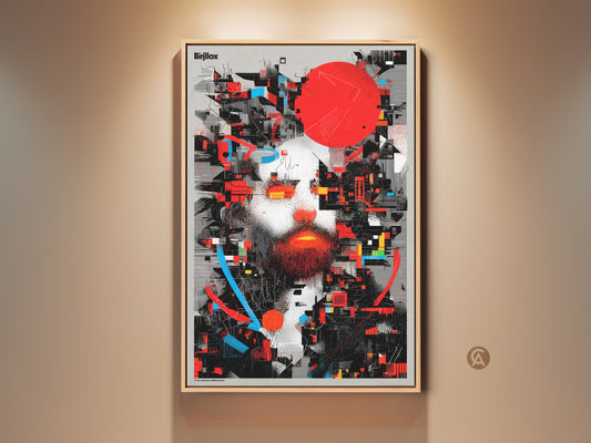 Framed abstract man portrait canvas print. This glitch art wall decor features a deconstructivist style. The geometric man face artwork has red blue and black accents. A modern office wall decor piece. A unique digital art gift for art enthusiasts.