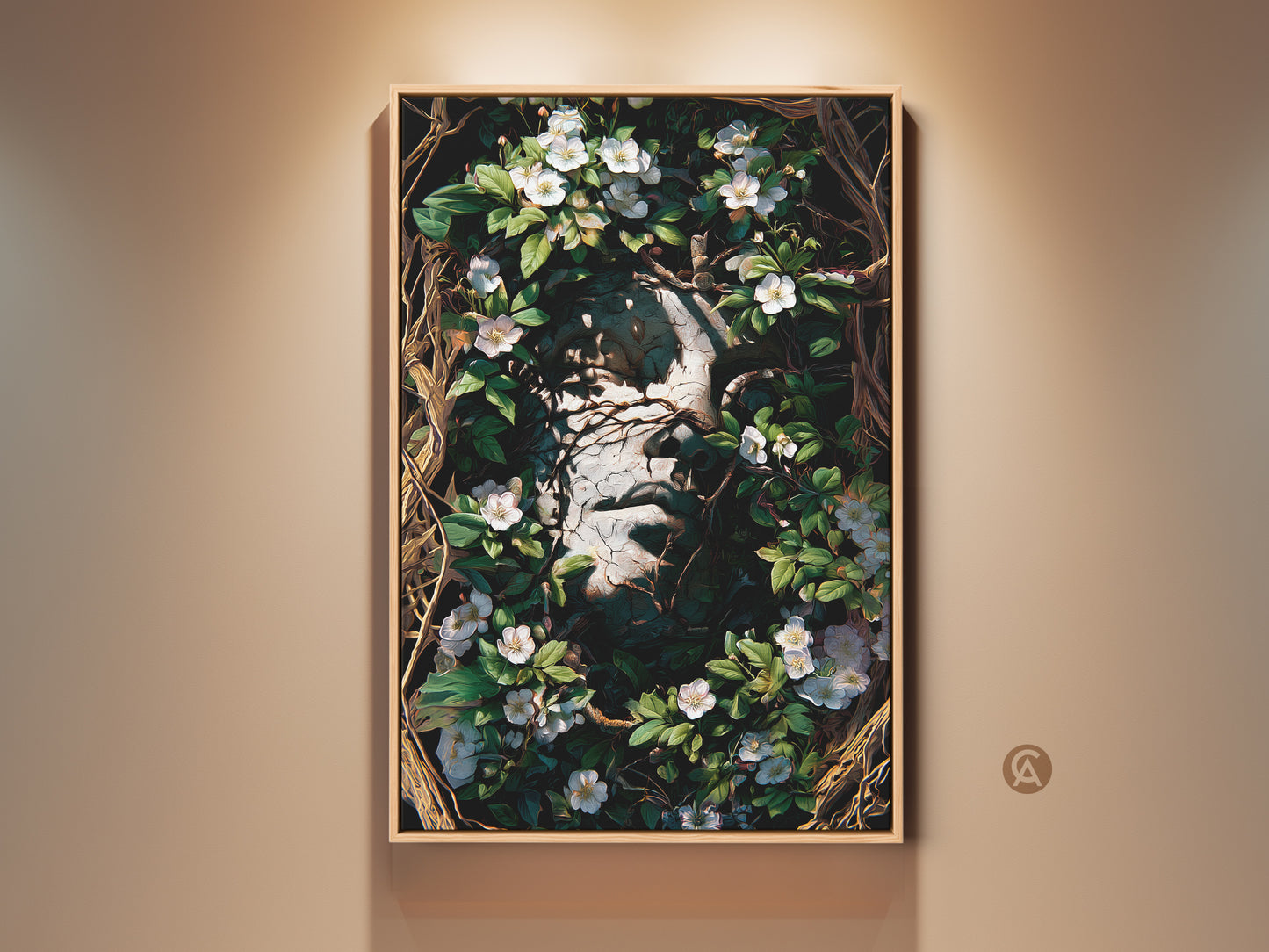 Framed Dark Academia Botanical Face Art Print. Gothic surreal wall decor featuring white flowers and greenery. The canvas artwork creates an eclectic focal point in any room. Perfect as a housewarming gift for dark nature art lovers.