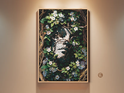 Framed Dark Academia Botanical Face Art Print. Gothic surreal wall decor featuring white flowers and greenery. The canvas artwork creates an eclectic focal point in any room. Perfect as a housewarming gift for dark nature art lovers.