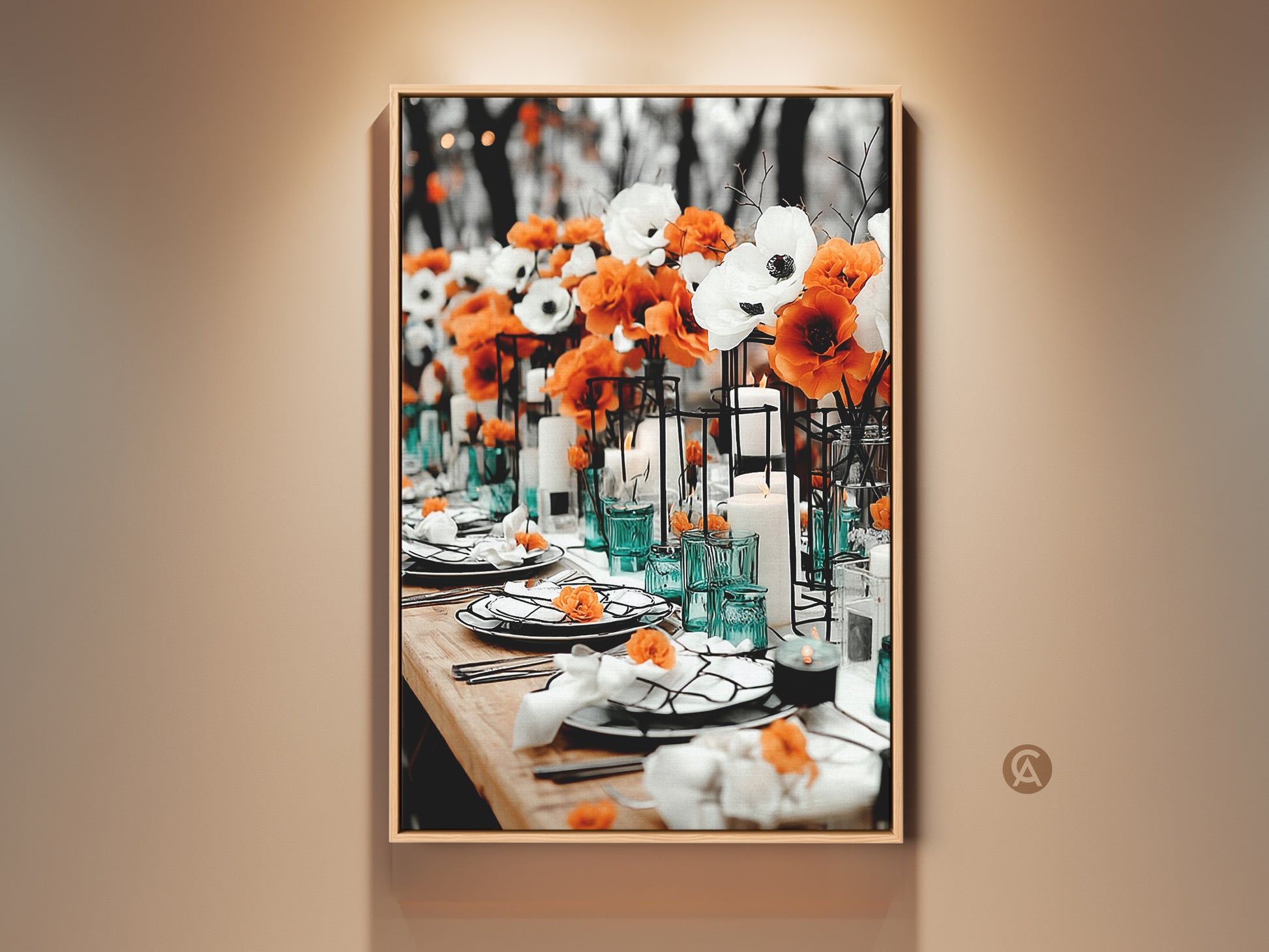 Elegant dining room art featuring orange and white anemones. This canvas print captures a sophisticated table setting with teal accents. Perfect for upscale restaurant wall art or a home entertainer gift. A modern floral artwork for an autumn wedding or chic dinner party decor. Add a touch of contemporary beauty to your residential interior.