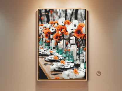 Elegant dining room art featuring orange and white anemones. This canvas print captures a sophisticated table setting with teal accents. Perfect for upscale restaurant wall art or a home entertainer gift. A modern floral artwork for an autumn wedding or chic dinner party decor. Add a touch of contemporary beauty to your residential interior.