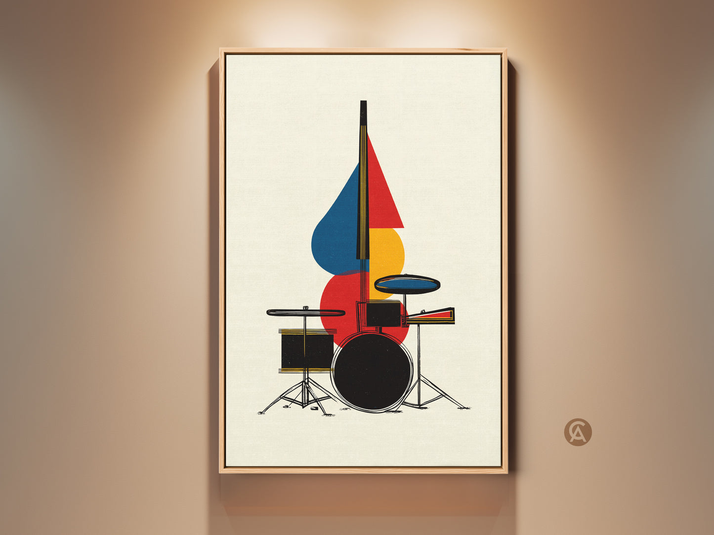 Framed abstract drum set canvas artwork is on display. The geometric shapes showcase red blue and yellow tones. This mid century modern artwork enhances any music room wall. It's a fantastic musician gift or a colorful decor piece.