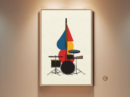 Framed abstract drum set canvas artwork is on display. The geometric shapes showcase red blue and yellow tones. This mid century modern artwork enhances any music room wall. It's a fantastic musician gift or a colorful decor piece.