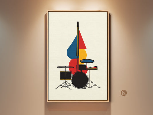 Framed abstract drum set canvas artwork is on display. The geometric shapes showcase red blue and yellow tones. This mid century modern artwork enhances any music room wall. It's a fantastic musician gift or a colorful decor piece.