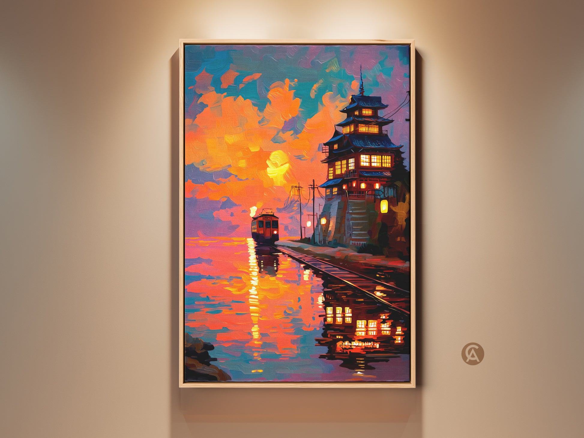 Vibrant sunset artwork featuring a Japanese pagoda and vintage train. This eclectic canvas print blends orange yellow and teal hues. Perfect travel gift for enthusiasts. Add oriental charm to your home decor with this unique wall art. The sunset reflects beautifully on the water.