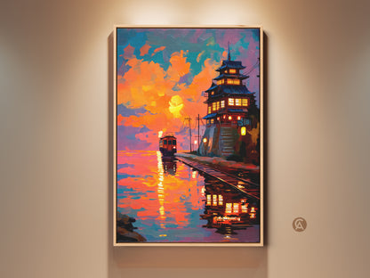 Vibrant sunset artwork featuring a Japanese pagoda and vintage train. This eclectic canvas print blends orange yellow and teal hues. Perfect travel gift for enthusiasts. Add oriental charm to your home decor with this unique wall art. The sunset reflects beautifully on the water.