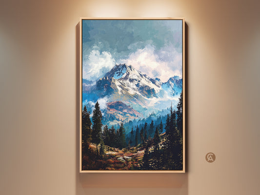 Framed mountain artwork in a room setting. This art captures a snow-capped mountain and evergreen trees. The artwork adds a touch of nature to any space. Buy this beautiful mountain art as a framed canvas for your home.