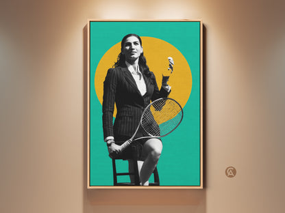 Elevate your office with this contemporary tennis player art print. The yellow teal and black graphic style adds a modern touch. Perfect gift for sports fans. This unique artwork captures the essence of athleticism and style. Ideal for modern office wall decor. A striking sports portrait print to admire.