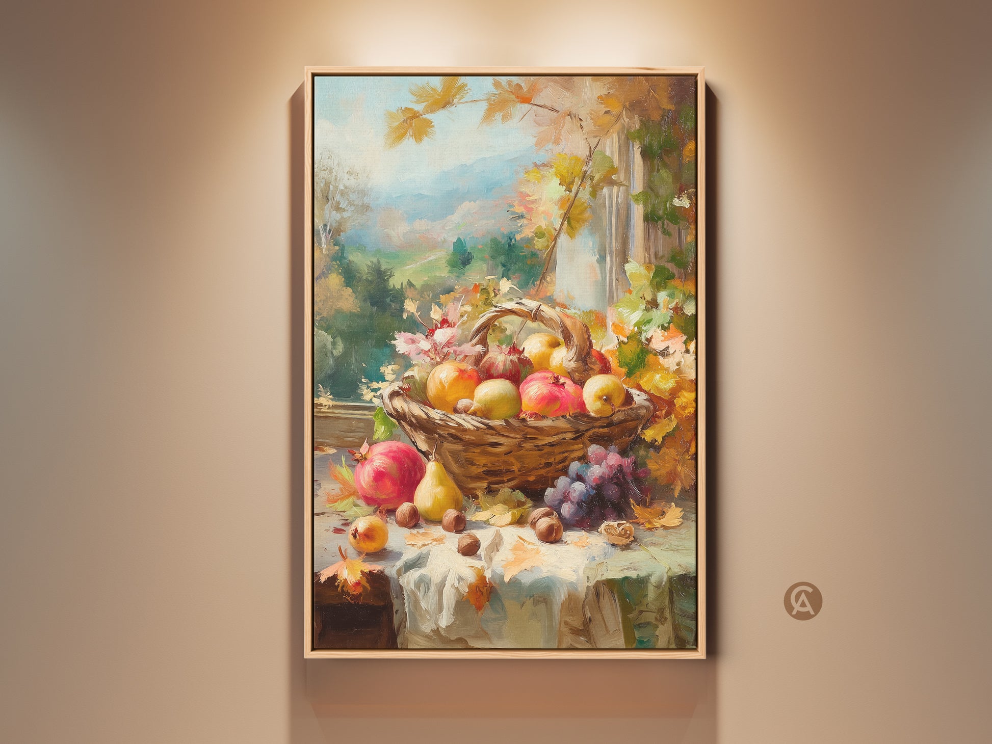 Still life oil painting art featuring a basket overflowing with autumn fruits. The artwork showcases vibrant apples pears grapes pomegranates & nuts. A rustic window overlooks a serene landscape. Perfect wall art for fall harvest themes.