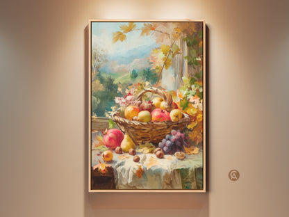 Still life oil painting art featuring a basket overflowing with autumn fruits. The artwork showcases vibrant apples pears grapes pomegranates & nuts. A rustic window overlooks a serene landscape. Perfect wall art for fall harvest themes.