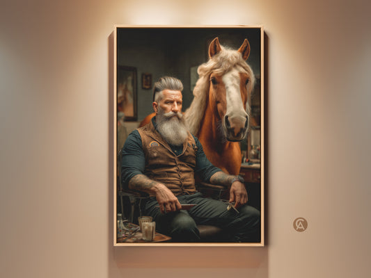 Vintage barbershop artwork featuring a bearded man and a horse. This surreal wall art print has an eclectic style. Perfect office space artwork or a unique gift. This tan orange and brown palette creates a warm rustic wall hanging that's ready to hang.