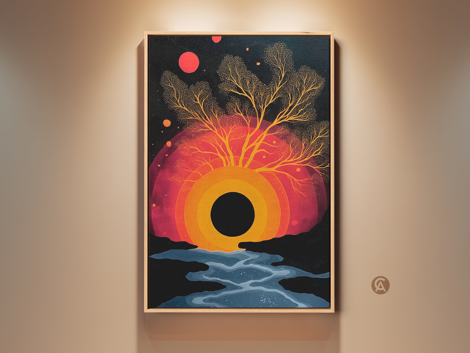 A vibrant abstract surreal tree canvas art piece. A black circle is at the core under a red orange sunset. This modern eclectic wall decor includes hues of black orange and red. A perfect nature print gift for a bedroom. The surreal sun artwork offers a unique artistic expression.
