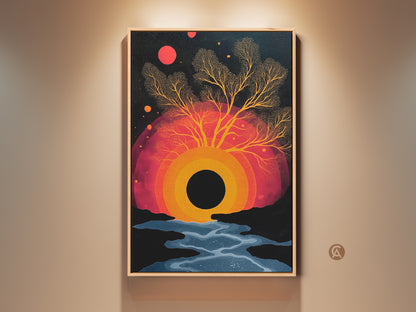 A vibrant abstract surreal tree canvas art piece. A black circle is at the core under a red orange sunset. This modern eclectic wall decor includes hues of black orange and red. A perfect nature print gift for a bedroom. The surreal sun artwork offers a unique artistic expression.