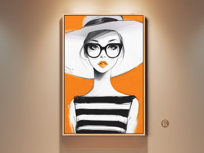 Chic fashion woman portrait canvas wall art. Features a pop art woman with orange lips. She wears a wide-brimmed hat and glasses. A perfect contemporary art print for trendy home decor. Stylish living room or bedroom art. A unique and glamorous home accessory.