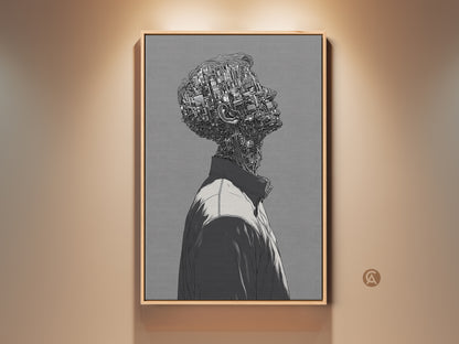 Framed artwork of a cyborg man looking up. The artwork features intricate mechanical details. It would make a great conversation piece. The artwork is displayed in a floating frame.