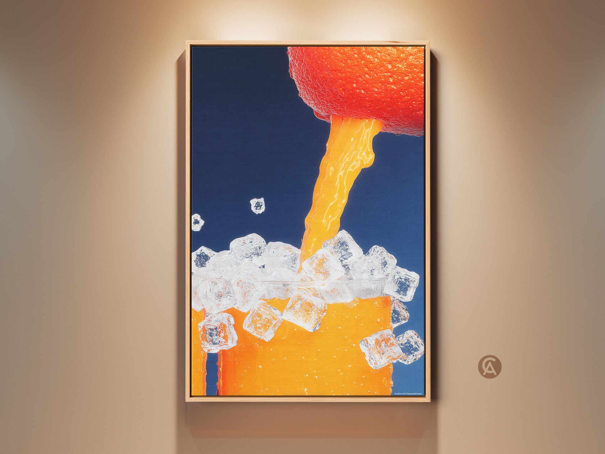 Abstract Orange Juice Pour wall art adds a refreshing touch. Modern minimalist art features vibrant orange juice with ice cubes. This contemporary kitchen decor is perfect for coffee lovers. Brighten your home bar with this unique beverage artwork.