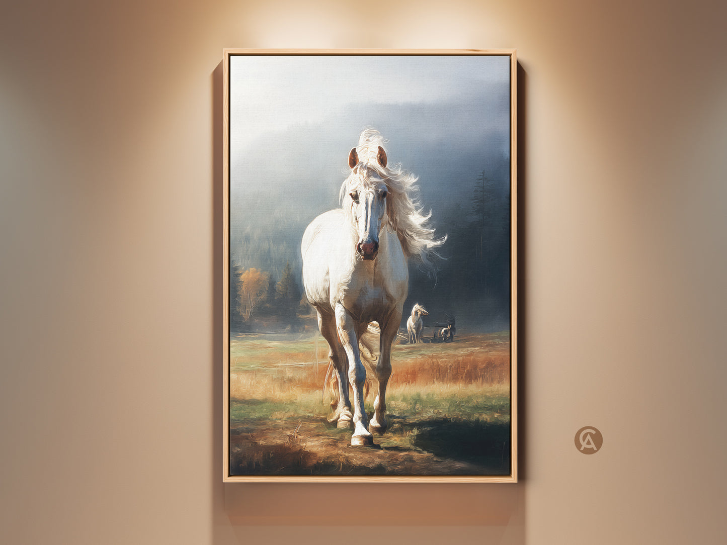 Framed rustic white horse artwork. The animal canvas print shows a golden yellow landscape. It is a realistic painting with misty blue skies. The equestrian decor is a perfect gift for horse lovers.