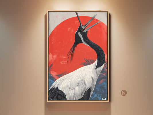 Striking red sun crane wall art in a modern frame. This Japanese bird of happiness print features bold colors. It is eclectic office decor. A great gift for bird lovers. This wildlife canvas art brings Asian nature to your walls. The red and black art is a statement piece.