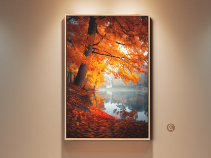 Framed Autumn Lake artwork. A vibrant tree with orange leaves lines the misty lake shore. Fallen leaves cover the ground. This serene nature art is perfect for adding warmth to any room. Shop now for framed or unframed options.