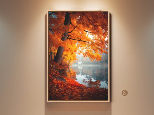 Framed Autumn Lake artwork. A vibrant tree with orange leaves lines the misty lake shore. Fallen leaves cover the ground. This serene nature art is perfect for adding warmth to any room. Shop now for framed or unframed options.