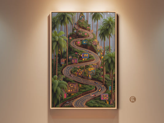 Framed digital art of a neon road winds through a tropical palm landscape. It's cyberpunk racing artwork. This eclectic piece brings fantasy and technology to any space. It's a unique gift for F1 fans ideal for a game room or man cave with its striking neon colors and dynamic digital art style.