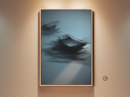 Framed teal abstract canvas print. The minimalist sailboat nautical wall art features a modern coastal decor style. Ideal for bedrooms or waterfront homes. This artwork brings a calm blue touch.