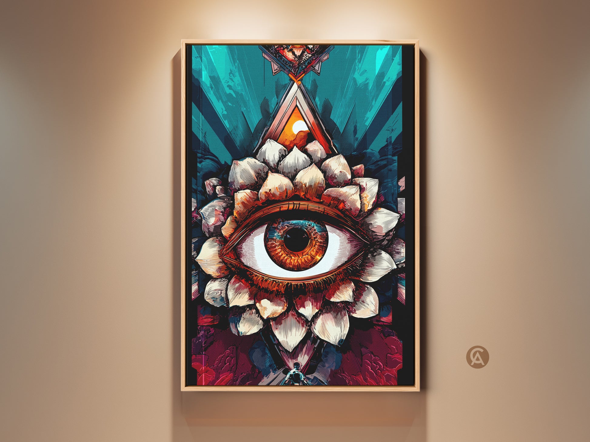 Framed surreal eye lotus canvas art in amber and teal tones. This abstract spiritual wall decor adds a mystic touch to any home or office. Perfect as an eclectic gift. This artwork features a striking third eye and lotus design for unique wall art.