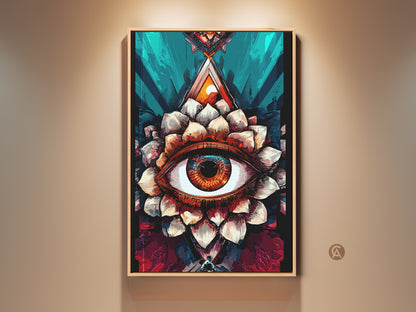 Framed surreal eye lotus canvas art in amber and teal tones. This abstract spiritual wall decor adds a mystic touch to any home or office. Perfect as an eclectic gift. This artwork features a striking third eye and lotus design for unique wall art.