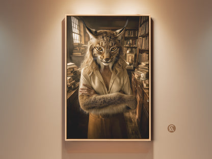 Framed dark academia lynx art print in a tan room. This eclectic study decor piece features a scholarly animal in gold glasses. A unique literary wall hanging for any bookworm's home office.