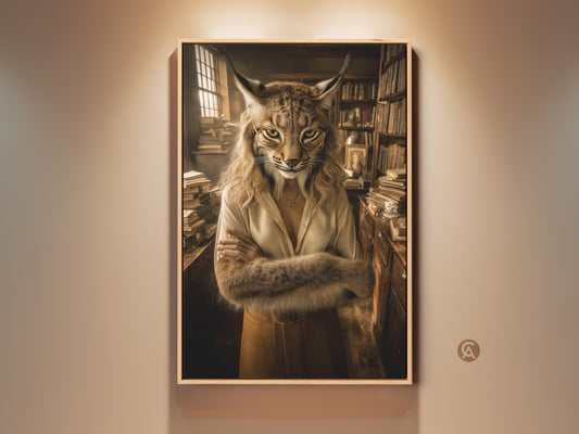 Framed dark academia lynx art print in a tan room. This eclectic study decor piece features a scholarly animal in gold glasses. A unique literary wall hanging for any bookworm's home office.