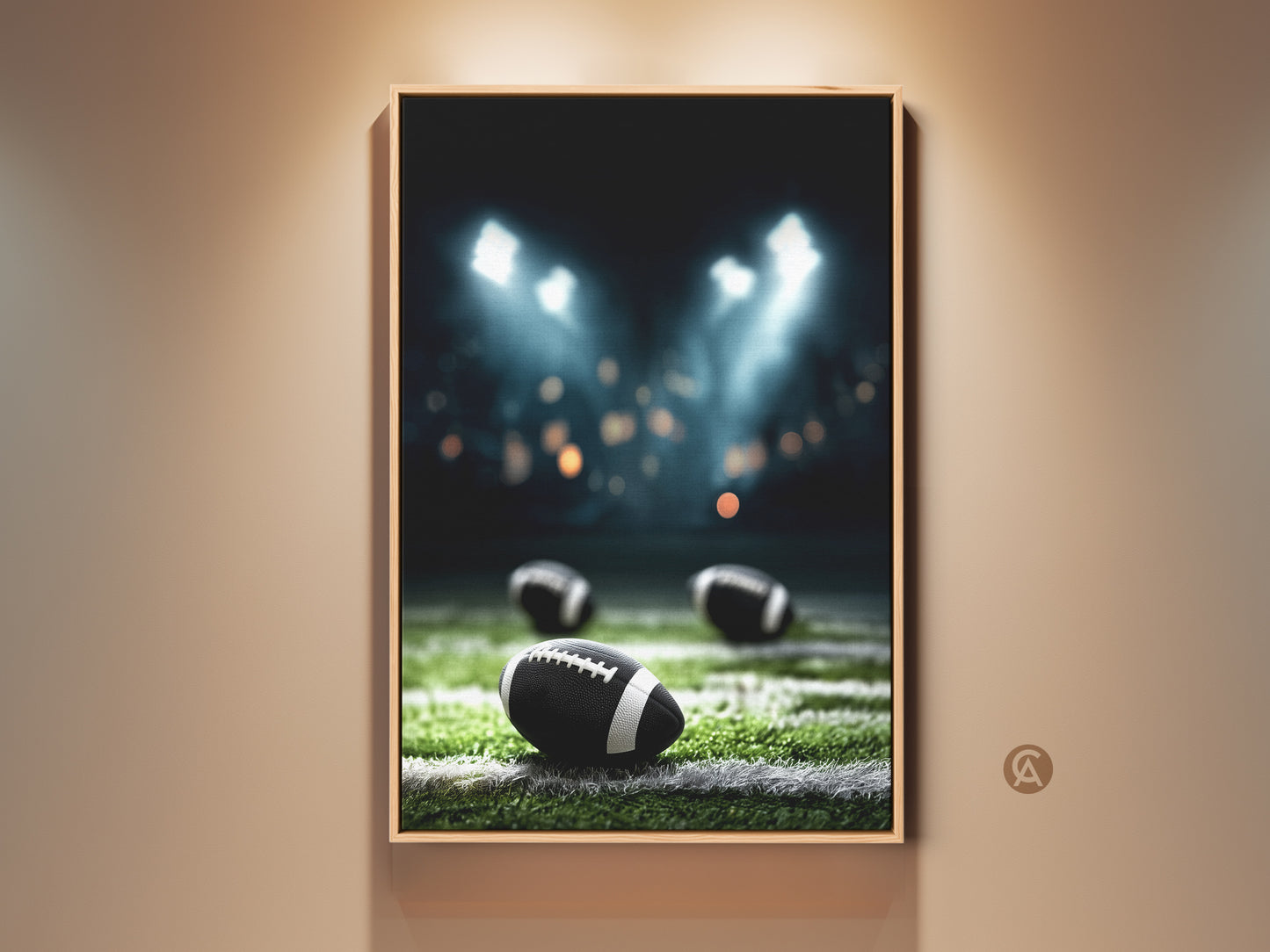 Framed American Football Canvas Print for man cave. Realistic sports artwork displays a night game under stadium lights. Ideal gift for football fans and sports enthusiasts. It adds a touch of athletic decor to any space. The canvas print features footballs on a green field under stadium lights. Enhance your game day decor with this striking piece.
